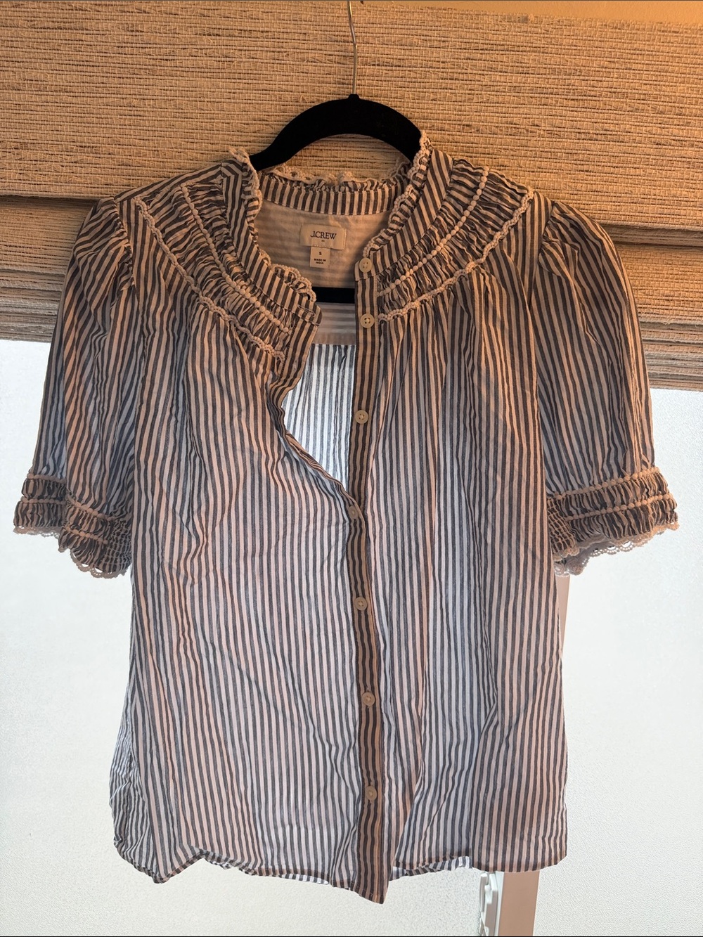 J. Crew Blue and White Striped Ruffle Collar Button-Up Blouse